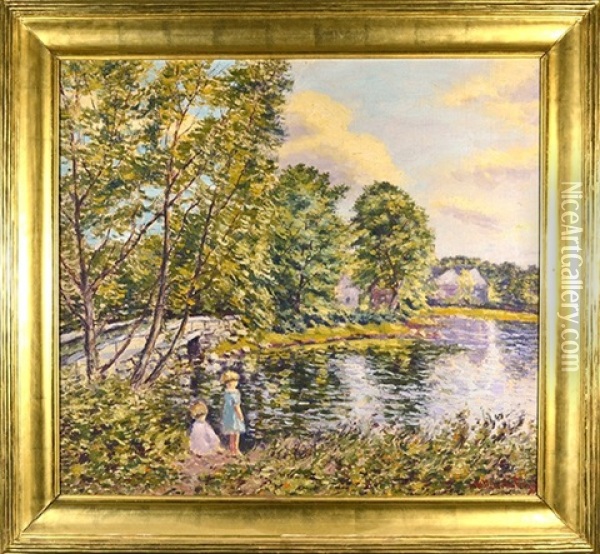 Two Young Girls By The Lake Oil Painting - Hugo Melville Fisher