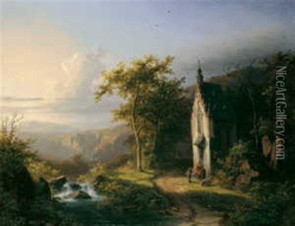 Mittelgebirgslandschaft Mit Einer Kapelle Oil Painting - Johann Bernard Klombeck