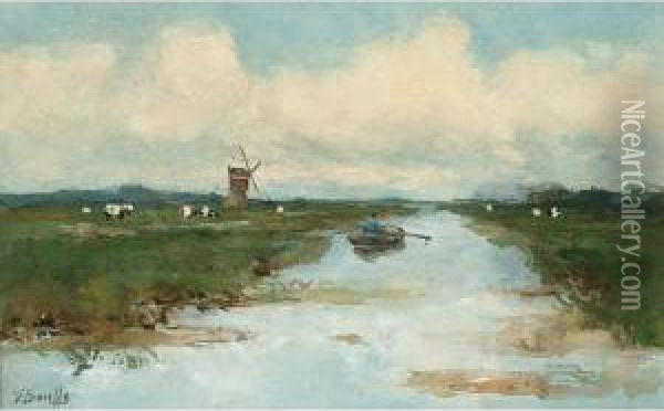 A Polder Landscape With A Rowing Boat In Summer Oil Painting - Victor Bauffe