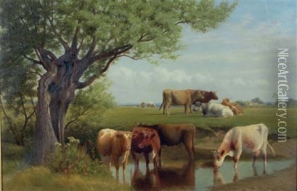 Cows Drinking From The Bank Oil Painting - William Sidney Cooper