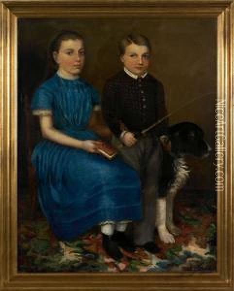 Oil On Canvas Portrait Of A Young Girl And Boywith Their Dog Oil Painting - Joseph Whiting Stock
