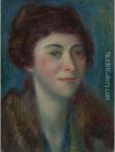Head Of Woman With Fur Collar Oil Painting - William Glackens