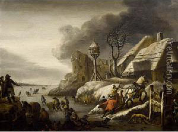A Winter Landscape With Figures 
Skating On A Frozen Pond, A Horse Drawn Sleigh Returning Home Oil Painting - Cornelis Beelt