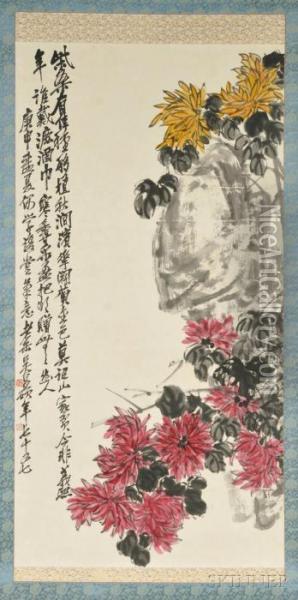 Depicting Flowers And Rocks Oil Painting - Wu Changshuo