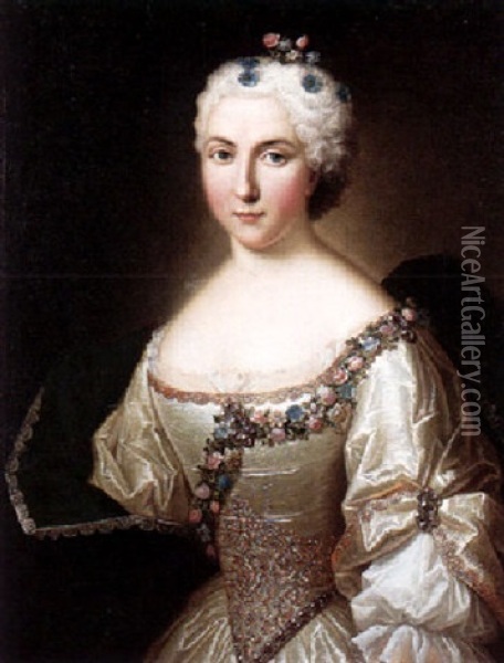 Portrait Of A Lady, Wearing A White Satin Dress, With A Garland Of Flowers, And A Blue, Lace-trimmed Mantle Oil Painting - Jean Marc Nattier
