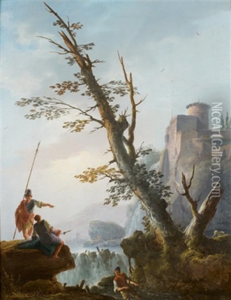 Soldats Et Pecheurs Devant Un Paysage De Cascade Oil Painting - Charles Francois Lacroix