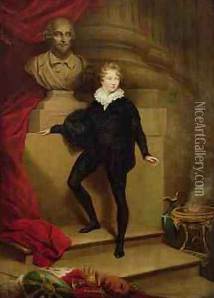 Master Betty as Hamlet before a bust of Shakespeare 1804-06 Oil Painting - James Northcote