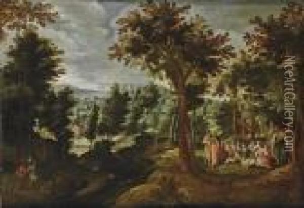A Wooded Landscape With St. John The Baptist Preaching Oil Painting - Gillis van Coninxloo