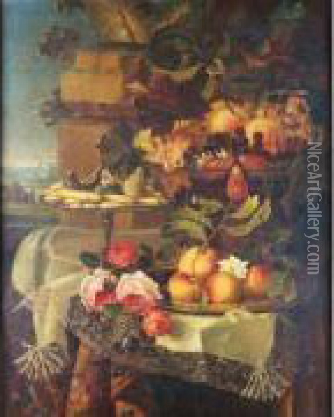 Nature Morte Aux Coupes De 
Fruits, De Biscuits Et Aux Roses Disposees Sur Une Nappe Brodee Oil Painting - Maximillian Pfeiler