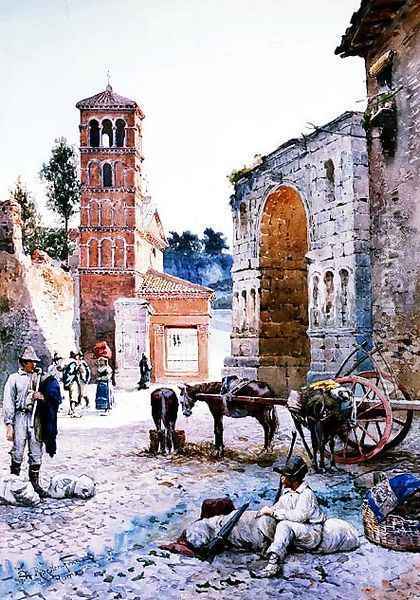 Figures in a Roman Square by an Arch Oil Painting - Ettore Roesler Franz