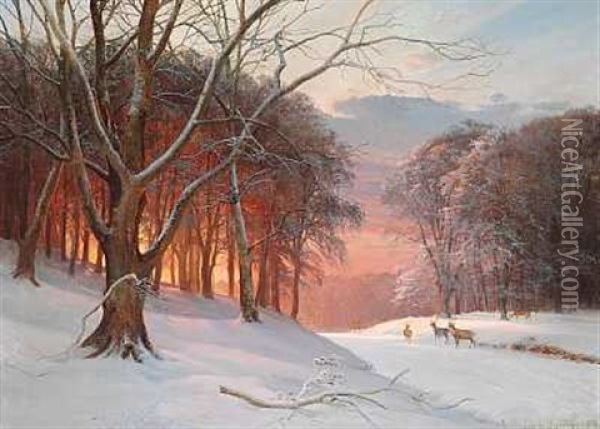 Vinterdag I Dyrehaven, Solnedgangen Farver Skoven Flammende Rod Oil Painting - Anders Andersen-Lundby