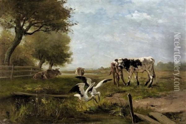 Sommerliche Landschaft Mit Rindern Und Storchen Oil Painting - Louis Jean Baptiste Guy