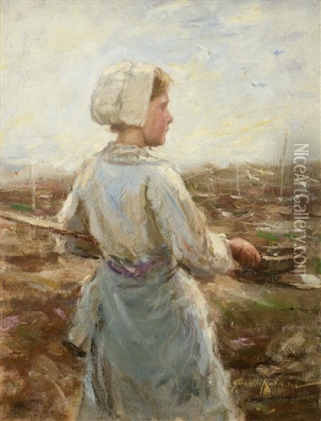 Fisher Girl Standing Before A Coastline Oil Painting - Robert Gemmell Hutchison