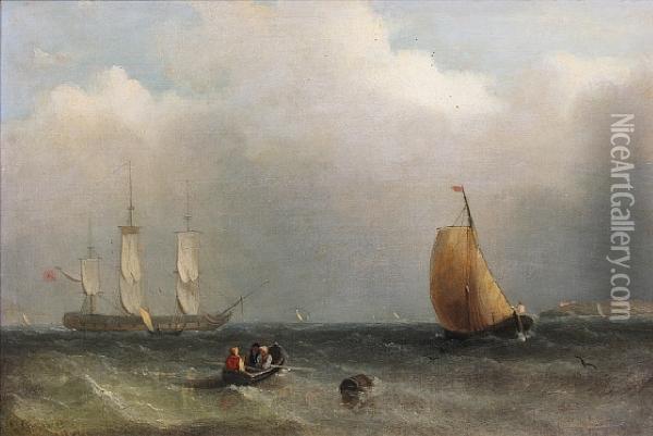 A Fishing Boat And Naval Frigate In Choppyseas Oil Painting - George Chambers