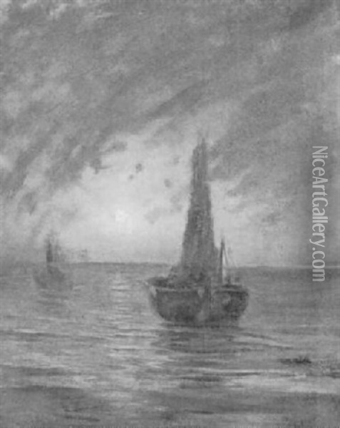Boote In Dunung Bei Vollmond Oil Painting - Frans Peter Hermesdorf
