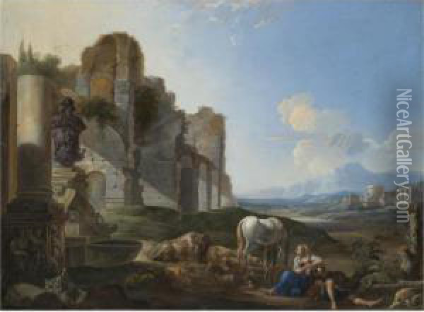 Italian Landscape With A Shepherdess And Ruins Oil Painting - Anton Goubau
