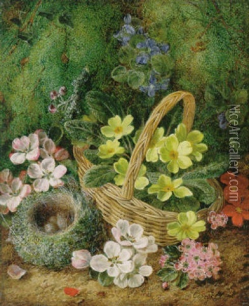 Primroses, Apple Blossom And A Bird's Nest On A Mossy Bank Oil Painting - George Clare