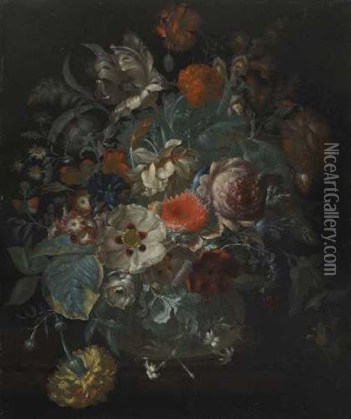 Stillleben Mit Blumen In Einer Glasvase (+ Another; 2 Works) Oil Painting - Rachel Ruysch