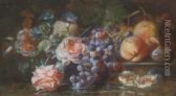 Grapes On The Vine, Figs, 
Peaches, Roses And Morning Glory Resting On A Stone Ledge Before A Pool 
Of Water Oil Painting - Frans Werner Von Tamm