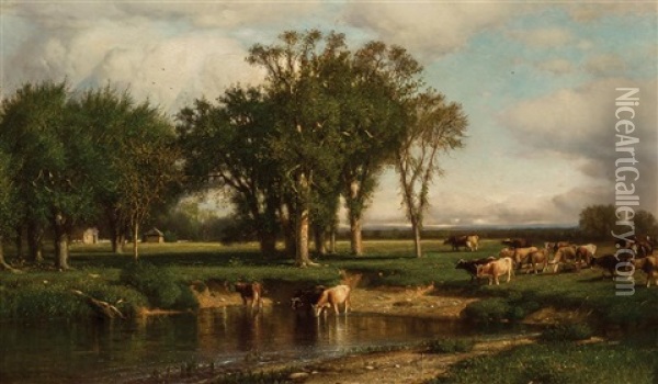 Landscape With Cows Oil Painting - Samuel Colman