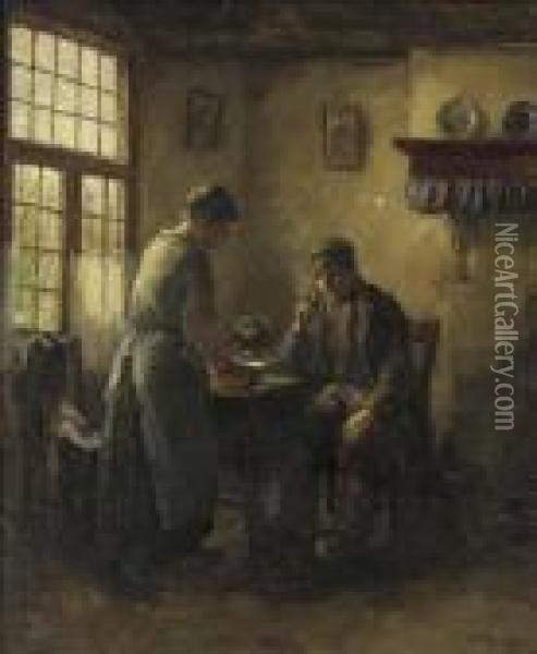 Peasants In A Kitchen Interior Oil Painting - Baruch Lopez De Leao Laguna