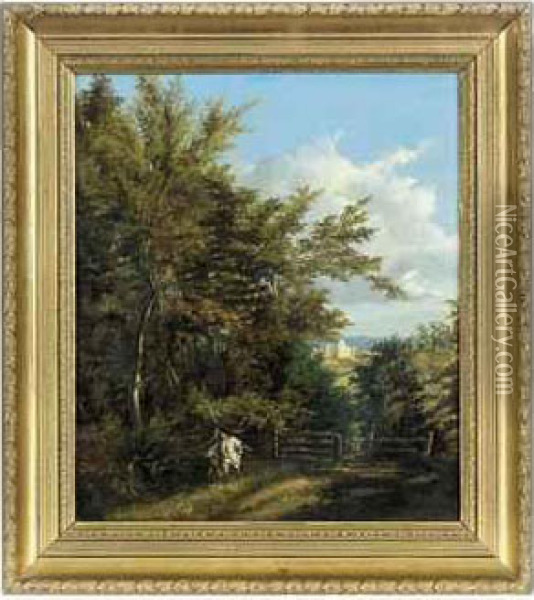 Two Boys On A Wooded Track, A Town Beyond Oil Painting - Edward Henry Holder