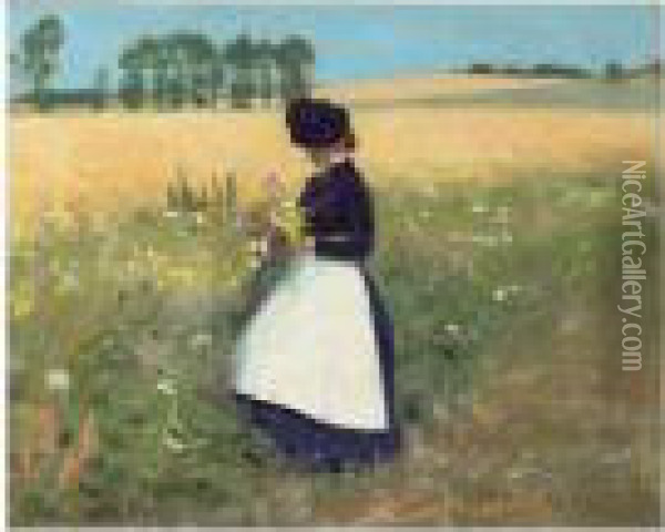 Ung Pige Ved Kornmark (in The Cornfield) Oil Painting - Hans Anderson Brendekilde