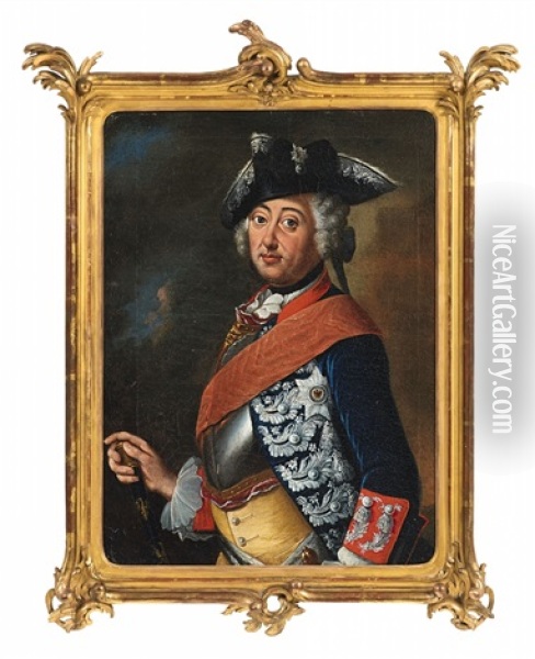 Portrait Of King Frederick Ii Of Prussia (collab. W/workshop) Oil Painting - Johann Leonhard Schneider