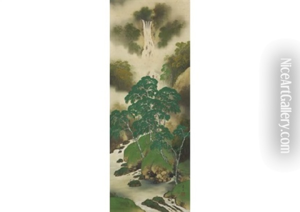 Waterfall In Kanba Oil Painting - Manshu Kawamura