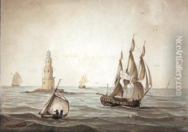 A Frigate Passing The Eddystone Lighthouse Oil Painting - John Emery