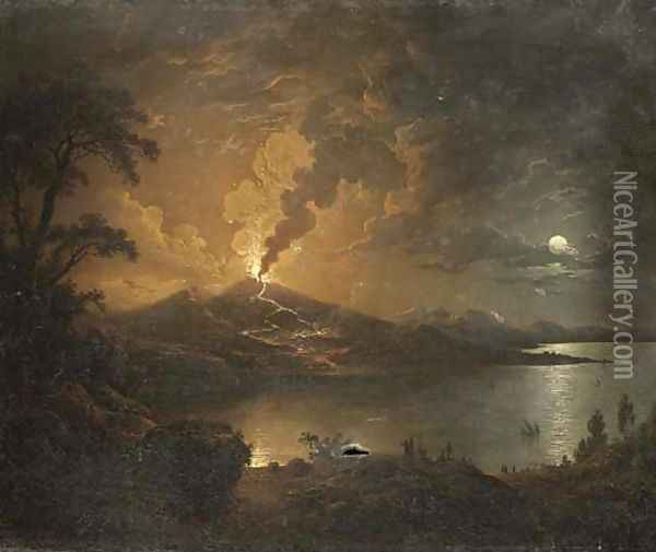A coastal landscape with a volcano erupting by moonlight Oil Painting - Sebastian Pether