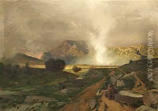 Munk, Der Holder Hvil I Et Bjergrigt Landskab Under Optraekkende Uvejr Oil Painting - Rudolf Huthsteiner
