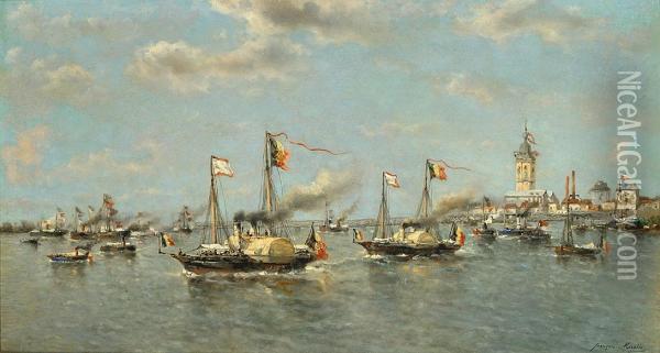 Belgische Vloot Bij Havenuitvaart. Oil Painting - Francois Etienne Musin