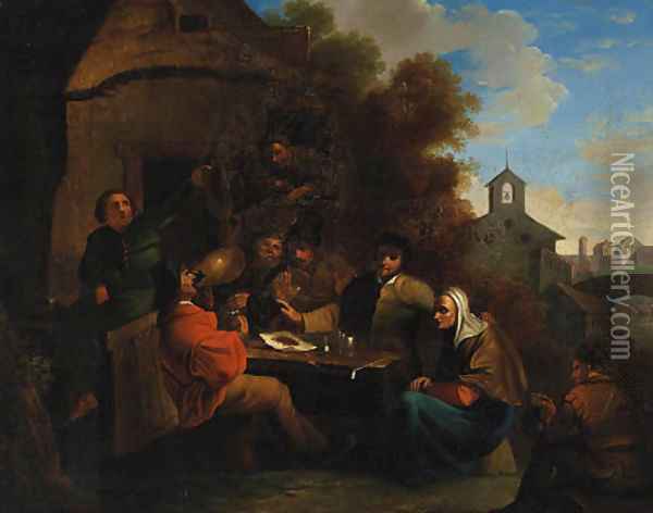 Peasants seated at a Table before an Inn Oil Painting - Richard Brackenburgh