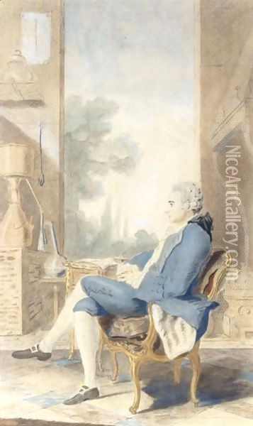 A Portrait Of The Duc De Lauraguais, Louis Leon Felicite De Brancas, Seated In A Laboratory Oil Painting - Louis Carrogis Carmontelle