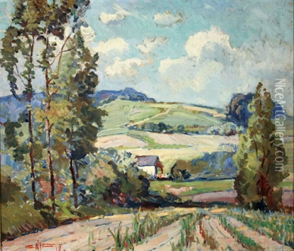 Rural Landscape With Farm Houses Oil Painting - Edgar Hewitt Nye