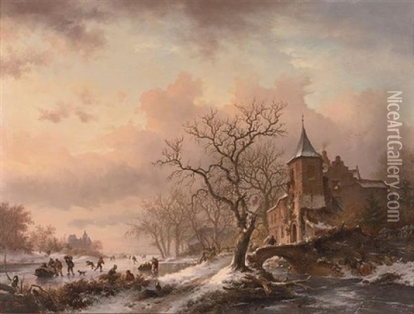 Castle In A Winter Landscape And Skaters On A Frozen River Oil Painting - Frederik Marinus Kruseman