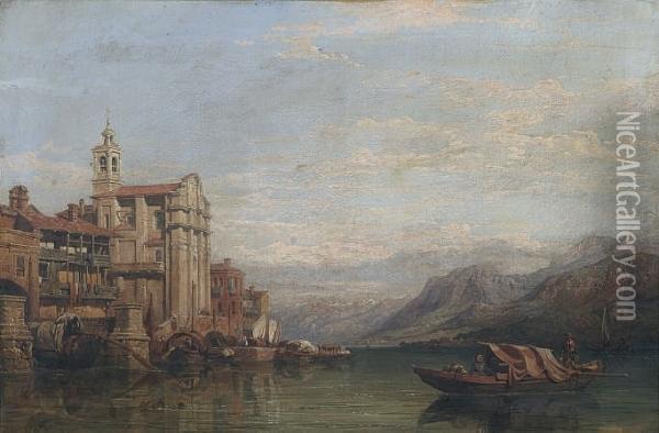 Tranquil Italian Lake Scene With Boats Off A Jetty Oil Painting - William Clarkson Stanfield