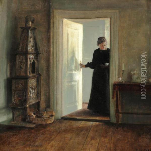 Interior With The Painter's Wife In A Doorway Oil Painting - Carl Vilhelm Holsoe