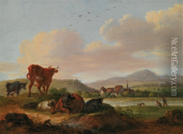 Sudliche Landschaft Mit Ruhenden Kuhen Und Einem Dorf Im Hintergrund Oil Painting - Maximilian Neustueck