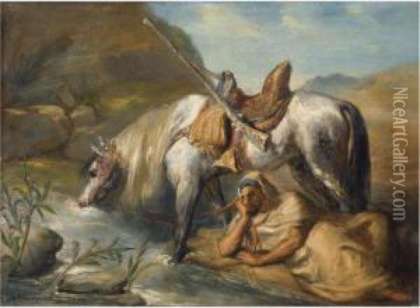 Cavalier Arabe Faisant Boire Son Cheval Oil Painting - Theodore Chasseriau