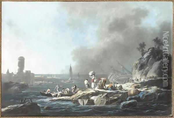 Personnages Sur Un Quai Au Bord De La Mer Apres La Tempete Oil Painting - Jean-Baptiste Pillement