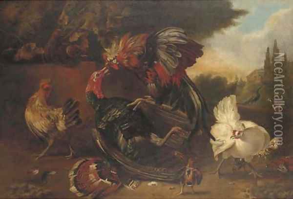 Turkeys and chickens in a landscape Oil Painting - Melchior de Hondecoeter