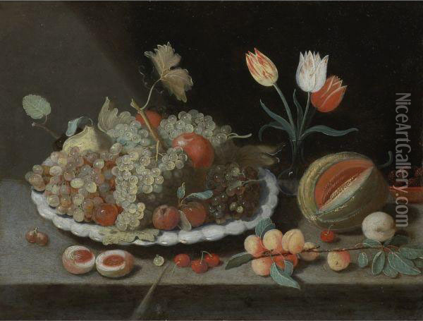 Still Life With Grapes And Other
 Fruit On A Platter, A Glass Vasewith Tulips, A Melon, Apricots, 
Cherries And Other Fruit, All On Aledge Oil Painting - Jan van Kessel