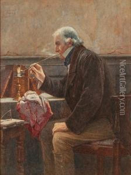 Gentleman Seated In A Study 
Lighting His Pipe, Together With Another Of An Elderly Gentleman 
Snoozing In A Chair Besides A Fire Oil Painting - Henry M. Terry