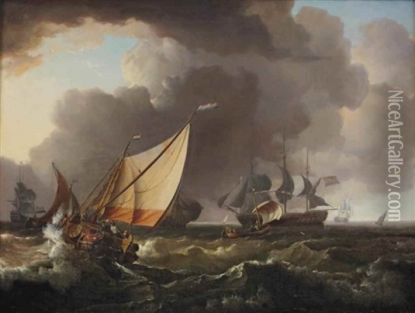 A Seascape With Various Sailing Boats On Stormy Waters Oil Painting - Ludolf Backhuysen the Elder