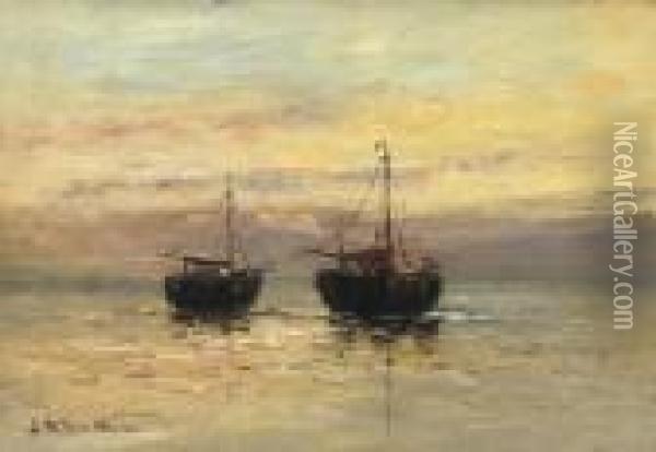 Two Fishing Boats On The Beach Oil Painting - Gerhard Arij Ludwig Morgenstje Munthe