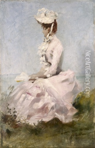 Femme En Robe Rose, Assise Regardant La Mer Oil Painting - Jules Cheret