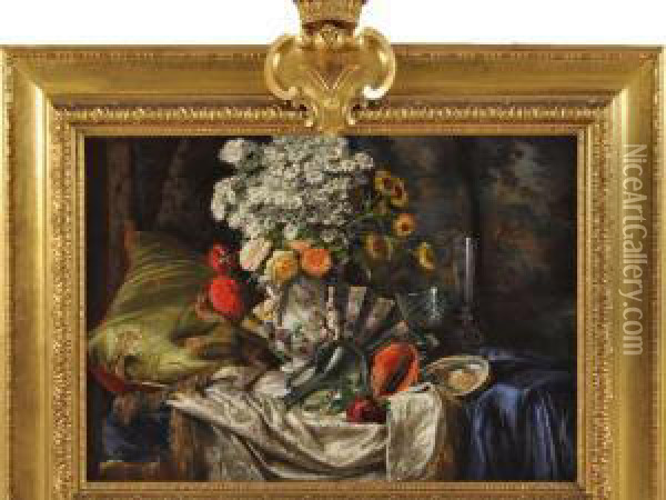 A Still Life Of Marguerites, Sunflowers And Roses With Glassware, Shells And A Fan Oil Painting - Princess Royal Victoria