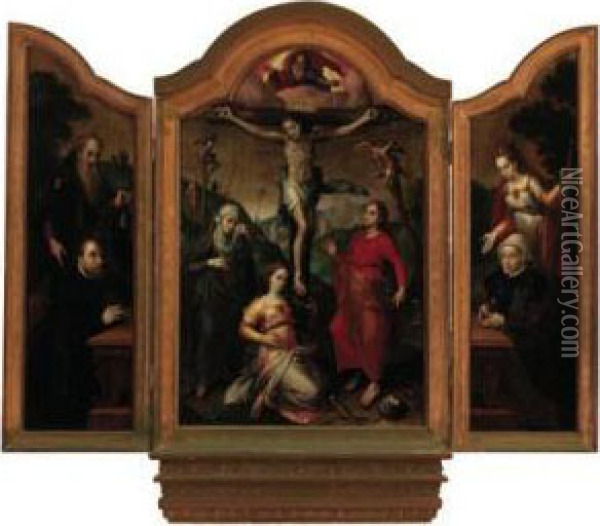 A Triptych: The Crucifixion With
 The Virgin, Mary Magdalene Andsaint John The Evangalist; The Left Wing:
 Saint Anthony Abbot Witha Male Donor; The Right Wing: Saint Catherine 
With A Femaledonor Oil Painting - Gillis Coignet